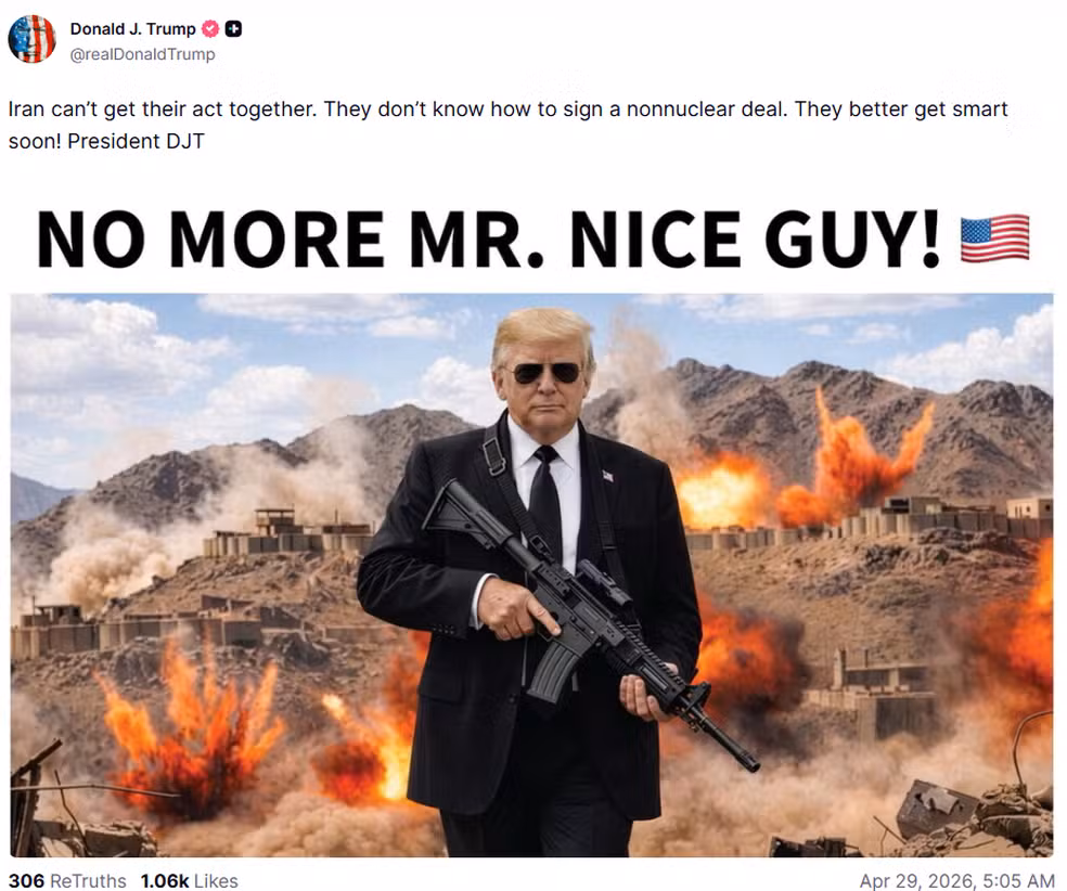 “Chega de bancar o bonzinho”, Trump posta montagem e ameaça o Irã